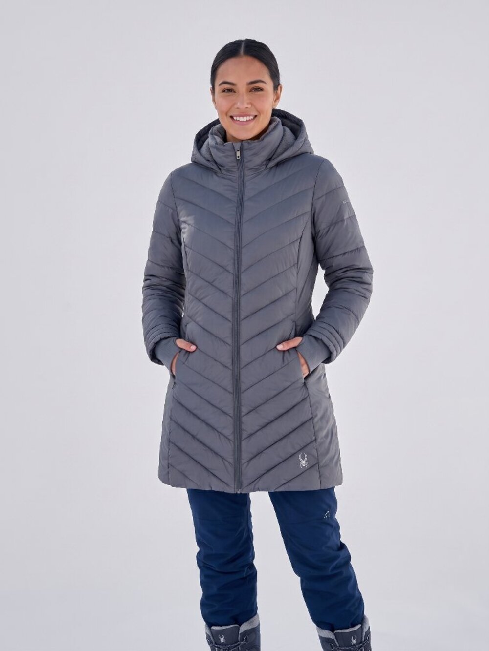 Spyder Women's Boundless Long Puffer Jacket Polar Gray Quilted Parka Coat Medium